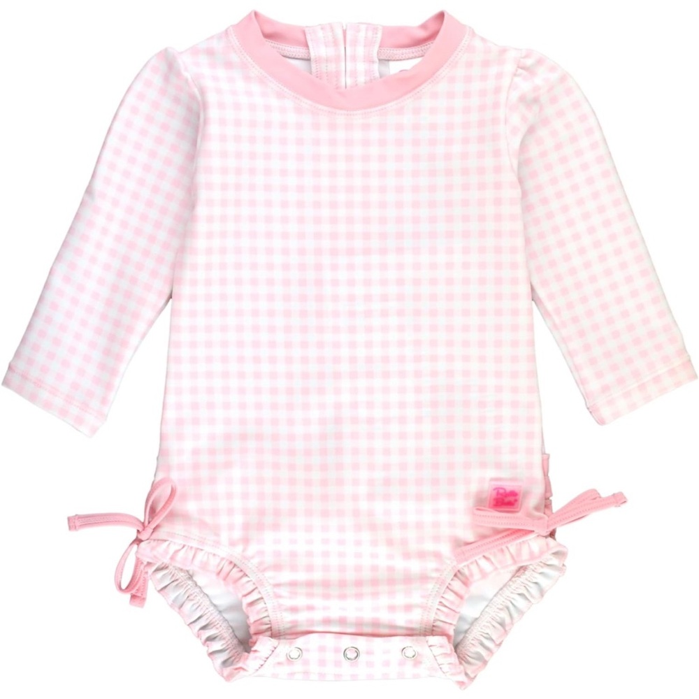 RuffleButts pink gingham rashguard SPF swimsuit 6-12mo